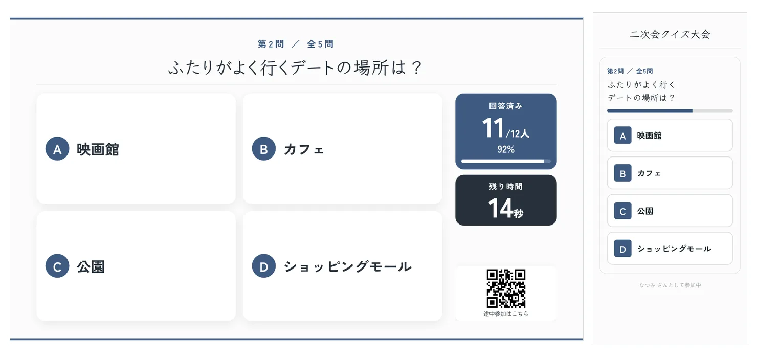 左のモニターに第2問の4つの選択肢と、回答済み11人/12人、残り時間、右下に途中参加用のQRコードが出ている。右のスマホは、第2問の途中で参加したゲストの回答画面