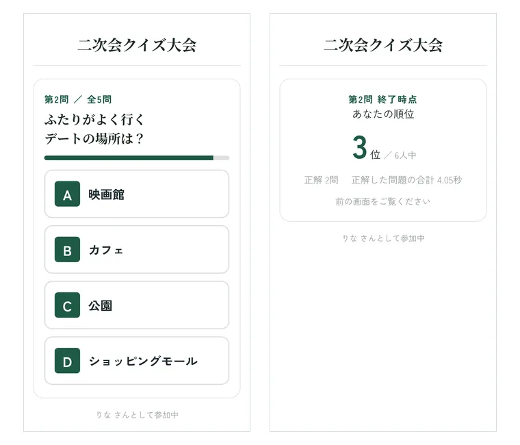 2台のスマホの画面。左は第2問「ふたりがよく行くデートの場所は?」と4つの選択肢、右は第2問終了時点の「あなたの順位 3位/6人中」と正解数