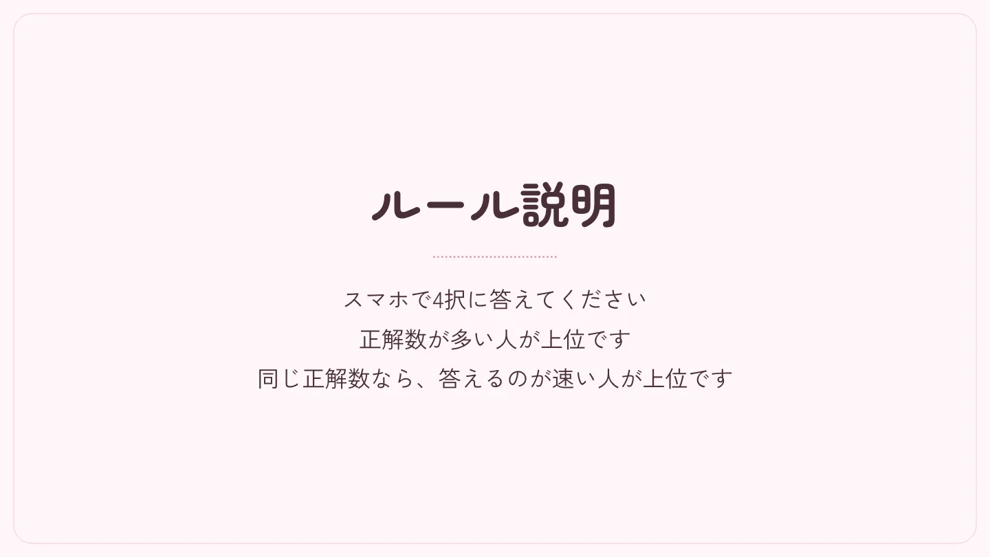 モニターに「ルール説明」の見出しと、スマホで4択に答える・正解数が多い人が上位・同じ正解数なら速い人が上位、の3行が映っている画面
