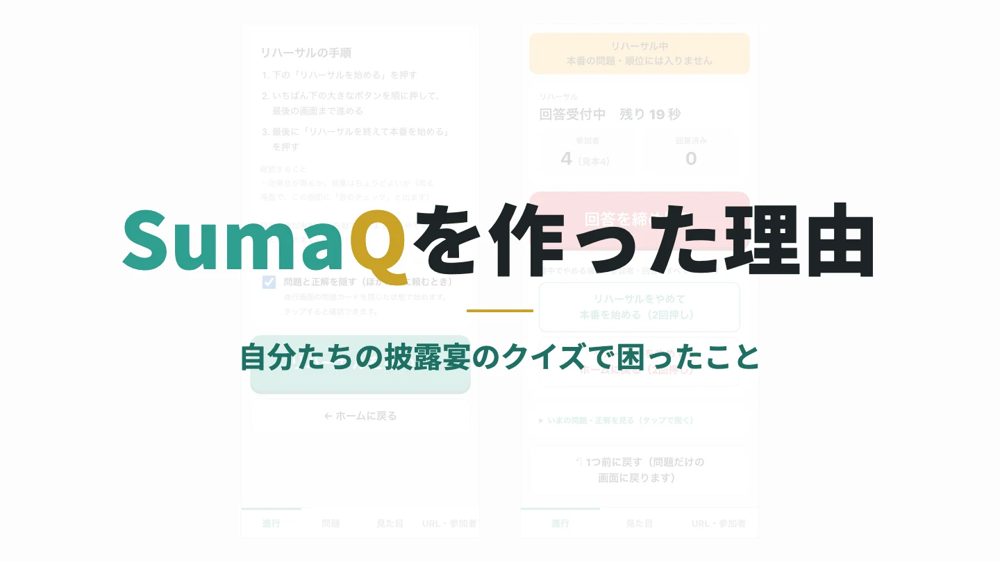 「SumaQを作った理由」の題字。背景に進行用スマホの画面が薄く入っている