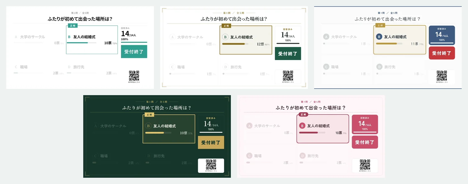 SumaQの5種類のデザインで、同じ問題の正解発表を映したモニター画面。白、生成りに金の細罫、白に紺、深緑に金、薄いピンク