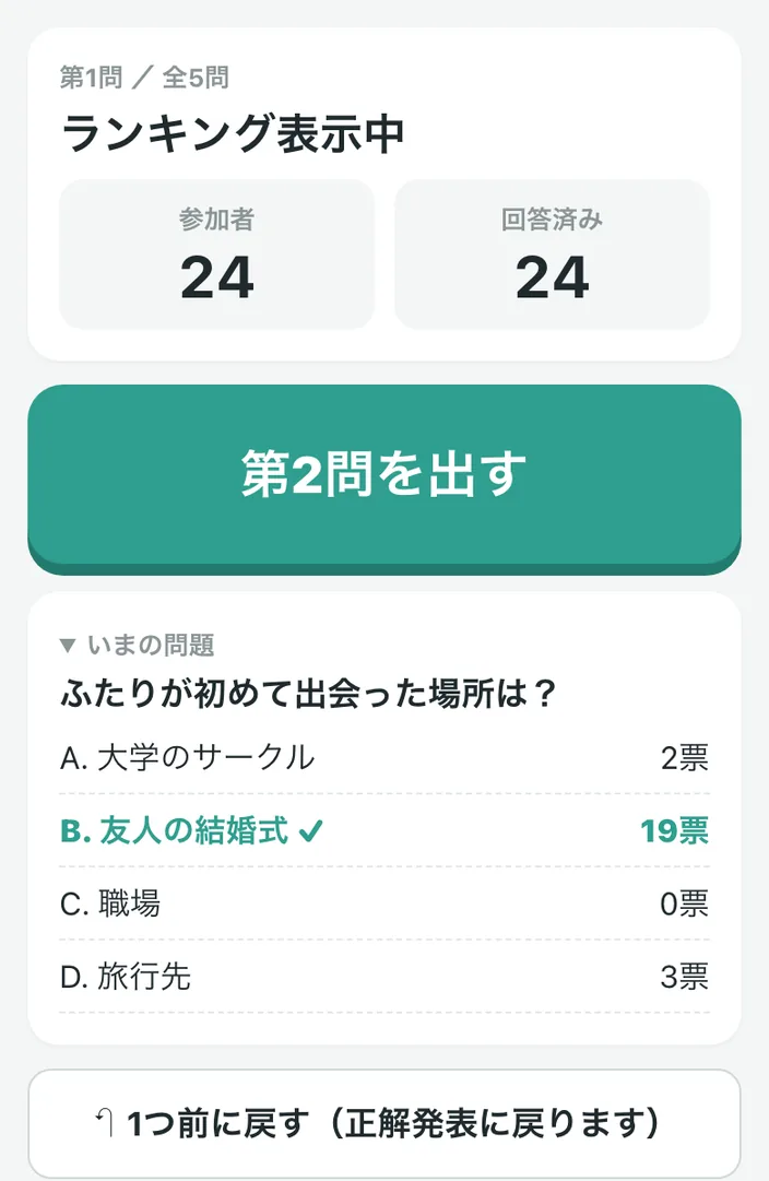 進行役のスマホ画面。ランキング表示中、次の問題へ進むボタン